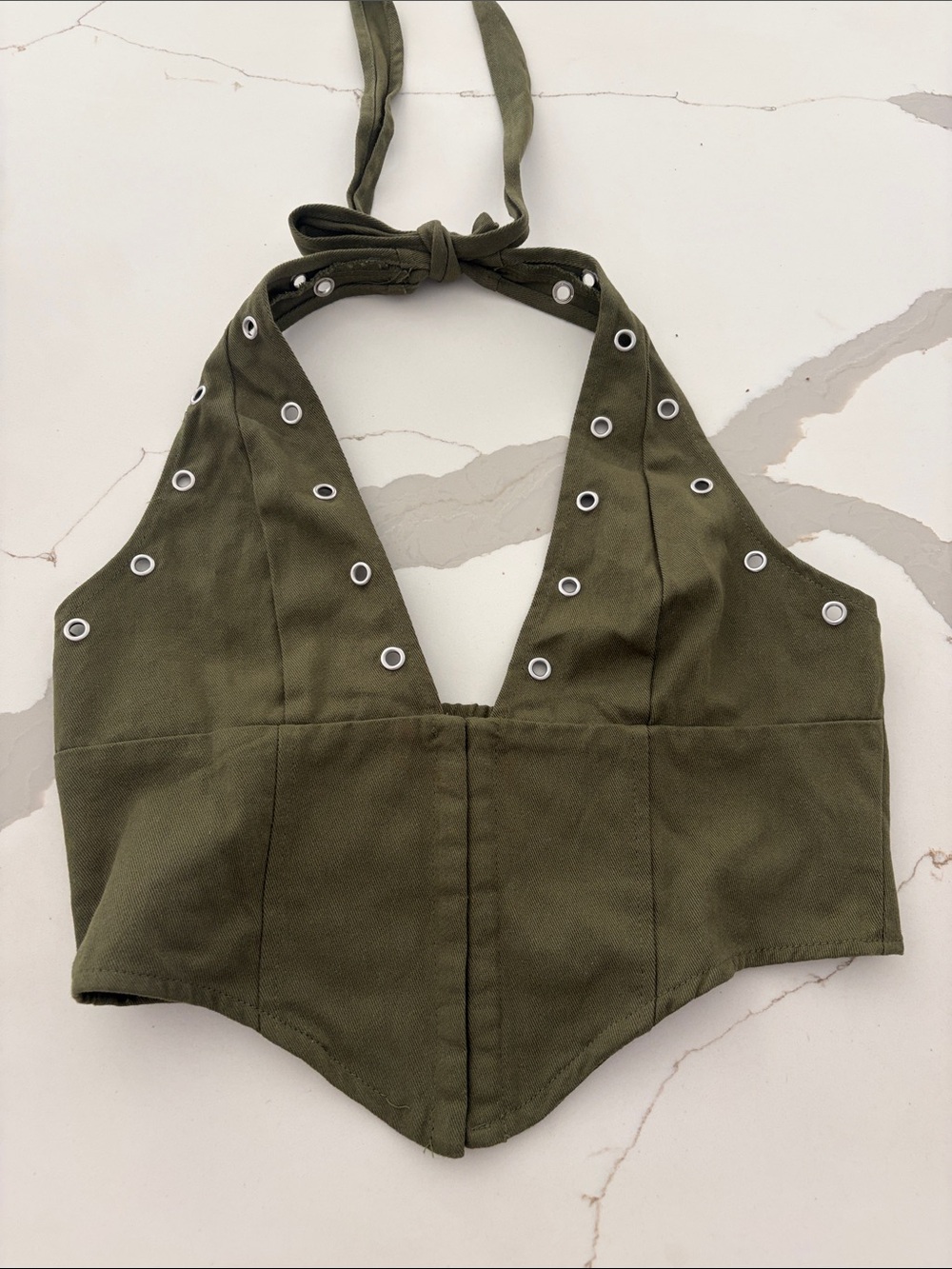 Olive Halter Eyelet Crop Top